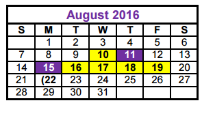 District School Academic Calendar for Cox Elementary for August 2016