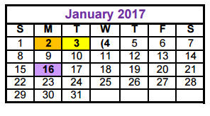 District School Academic Calendar for Collin Co J J A E P for January 2017