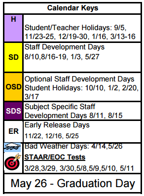 District School Academic Calendar Legend for Mcmillan Junior High School