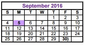 District School Academic Calendar for Collin Co J J A E P for September 2016