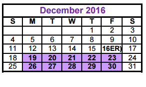 District School Academic Calendar for Taylor County Learning Center for December 2016