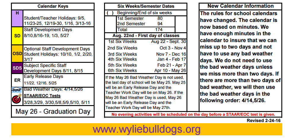 District School Academic Calendar Key for Wylie Elementary