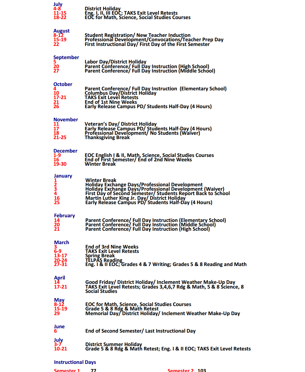 District School Academic Calendar Key for Pasodale Elementary