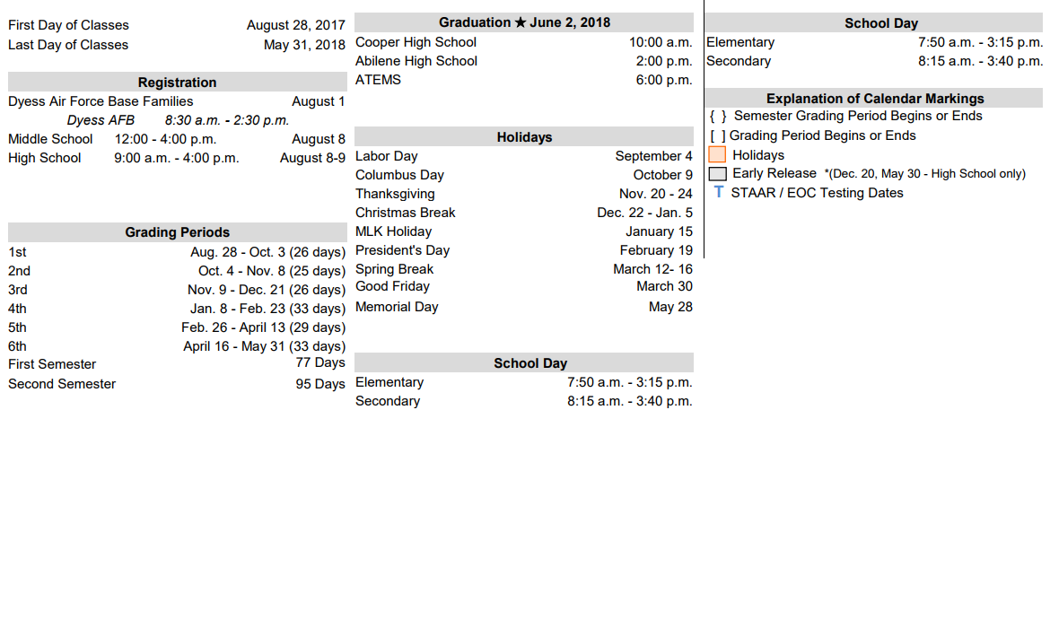 District School Academic Calendar Key for Ward Elementary