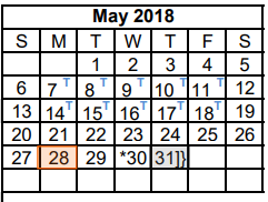 District School Academic Calendar for Reassignment Ctr for May 2018