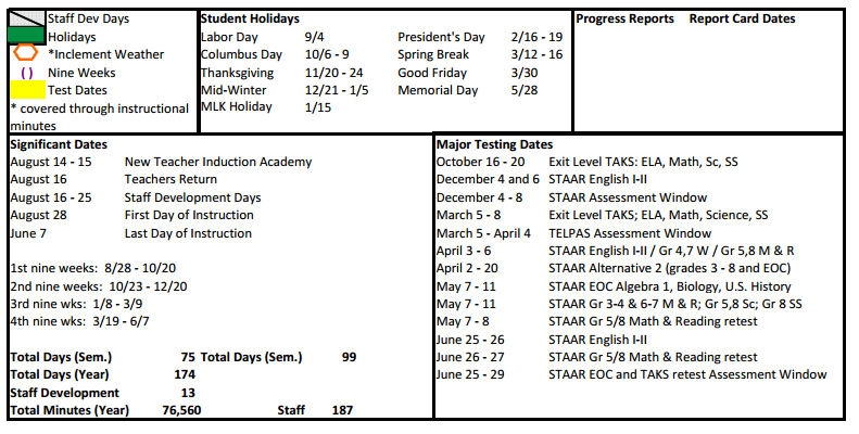 District School Academic Calendar Key for Oleson Elementary