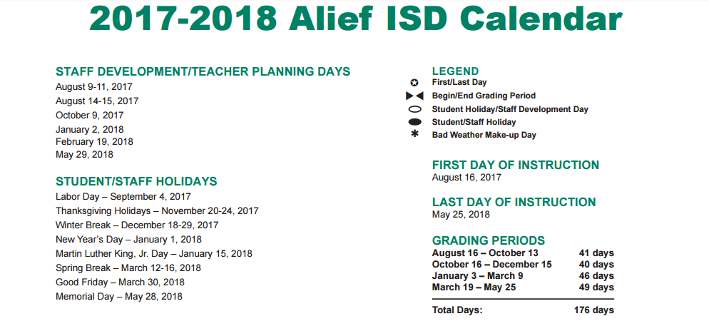 District School Academic Calendar Key for Alief Isd J J A E P