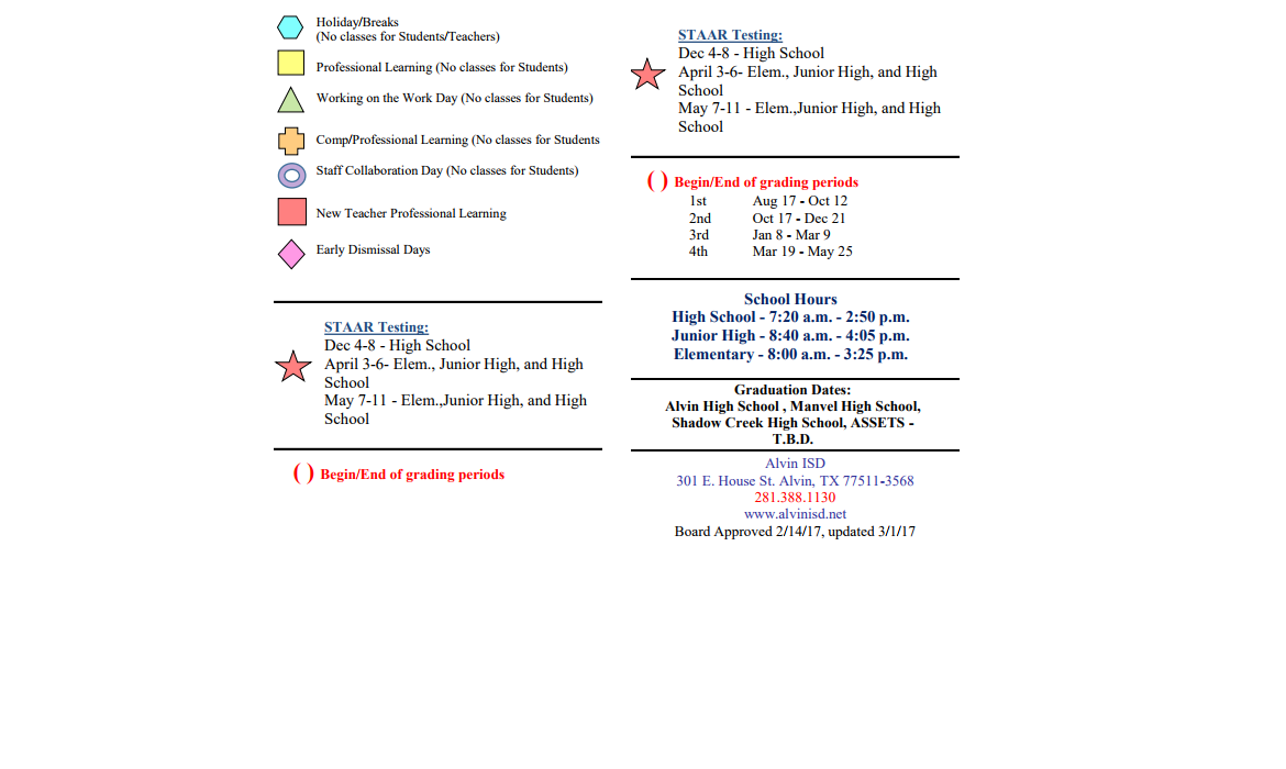 District School Academic Calendar Key for Alvin Pri