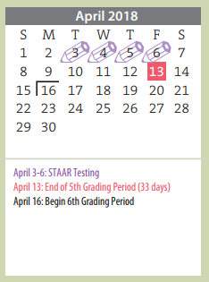 District School Academic Calendar for Lorenzo De Zavala Middle School for April 2018