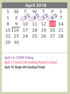 District School Academic Calendar for Amarillo Area Ctr For Advanced Lrn for April 2018