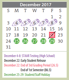 District School Academic Calendar for Homebound for December 2017