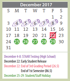 District School Academic Calendar for Amarillo Area Ctr For Advanced Lrn for December 2017