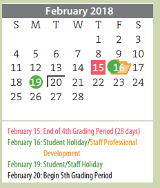 District School Academic Calendar for Bonham Middle for February 2018
