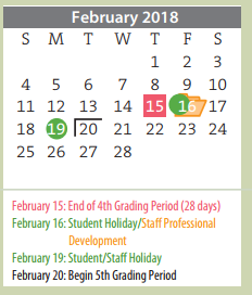 District School Academic Calendar for Fannin Middle for February 2018