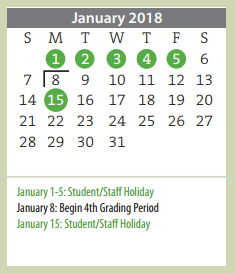 District School Academic Calendar for Eastridge Elementary for January 2018