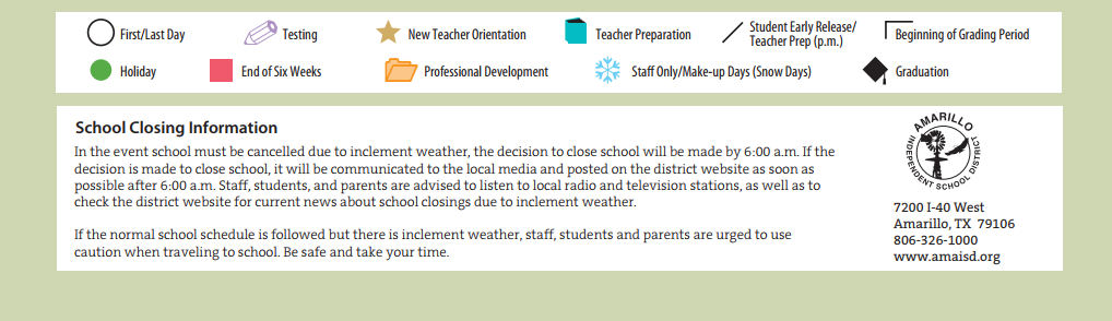 District School Academic Calendar Key for Amarillo Area Ctr For Advanced Lrn