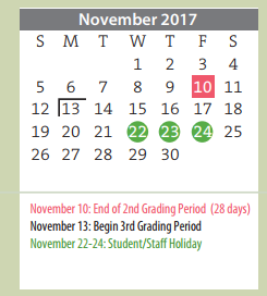 District School Academic Calendar for Pleasant Valley Elementary for November 2017