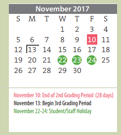 District School Academic Calendar for Amarillo Area Ctr For Advanced Lrn for November 2017