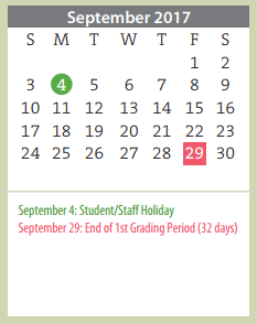 District School Academic Calendar for Homebound for September 2017
