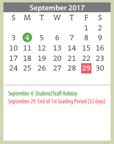 District School Academic Calendar for Austin Middle for September 2017