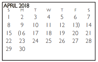 District School Academic Calendar for Tarrant Co J J A E P for April 2018
