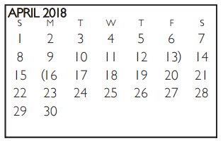 District School Academic Calendar for Shackelford Junior High for April 2018