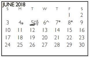District School Academic Calendar for Shackelford Junior High for June 2018