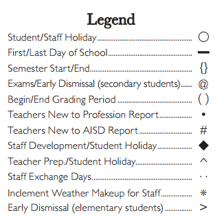 District School Academic Calendar Legend for Shackelford Junior High