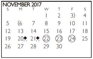 District School Academic Calendar for Tarrant Co J J A E P for November 2017