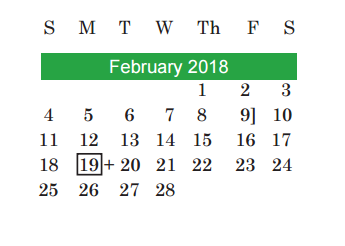 District School Academic Calendar for Undesignated El A for February 2018