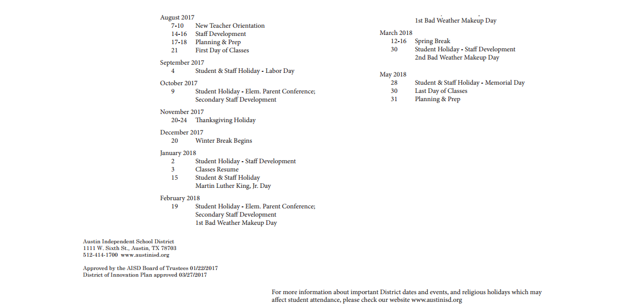 District School Academic Calendar Key for Joslin Elementary