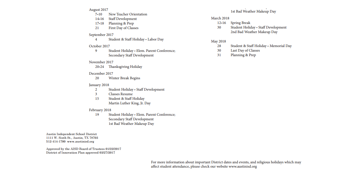 District School Academic Calendar Key for Pillow Elementary