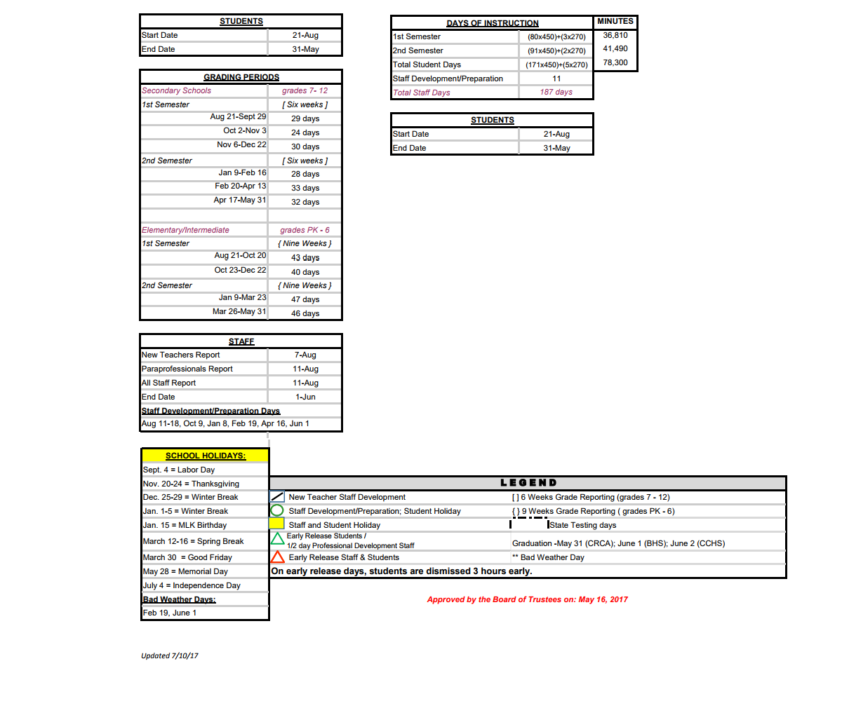 District School Academic Calendar Key for Cedar Creek Middle School