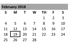 District School Academic Calendar for Bell Co J J A E P for February 2018