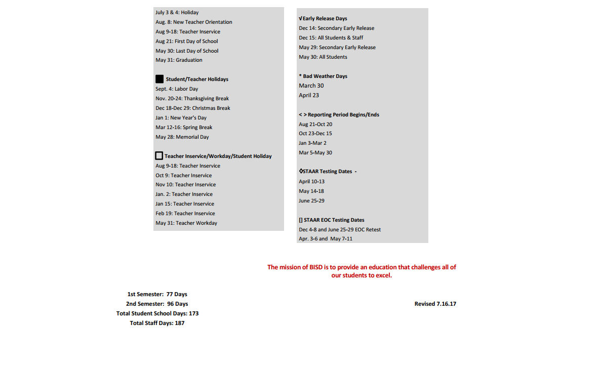 District School Academic Calendar Key for New Elementary