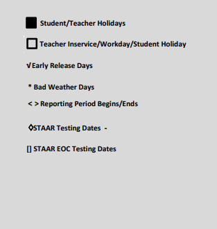 District School Academic Calendar Legend for Bell Co J J A E P