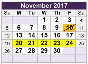 District School Academic Calendar for Tarrant Co J J A E P for November 2017