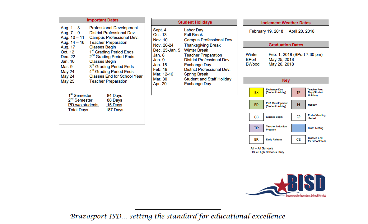 District School Academic Calendar Key for Brazosport High School