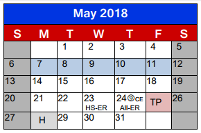 District School Academic Calendar for Lighthouse Learning Center - Daep for May 2018