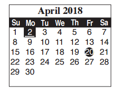 District School Academic Calendar for Cameron Co J J A E P for April 2018