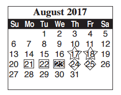 District School Academic Calendar for Cameron Co J J A E P for August 2017