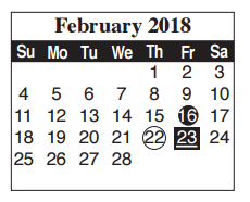 District School Academic Calendar for Cameron Co Juvenile Detention Ctr for February 2018