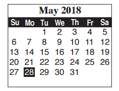 District School Academic Calendar for Adult Ed for May 2018