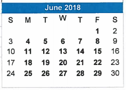District School Academic Calendar for Brazos Co Juvenile Detention Cente for June 2018