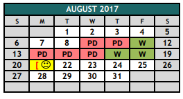 District School Academic Calendar for The Academy At Nola Dunn for August 2017