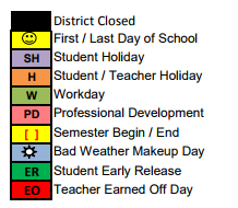 District School Academic Calendar Legend for Mcalister Elementary