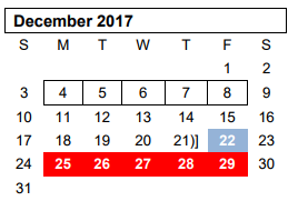 District School Academic Calendar for Greenways Intermediate School for December 2017