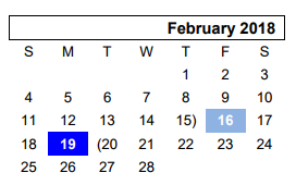 District School Academic Calendar for Westover Park Jr High for February 2018
