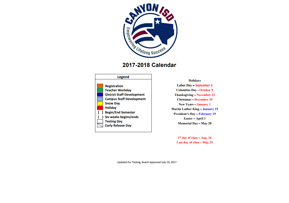 District School Academic Calendar Key for Lakeview Elementary