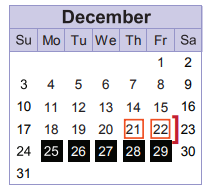 District School Academic Calendar for Kelly Pre-kindergarten Center for December 2017